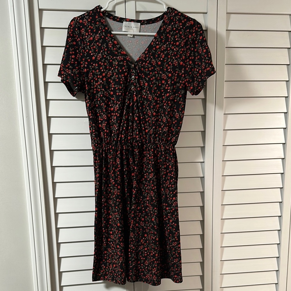 French Grey Black and Red Flutter Sleeve Sundress